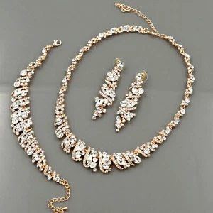ROSE GOLD GP Crystal Necklace Earrings Bracelet Bridal Wedding Jewelry Set 00490 - Picture 1 of 7