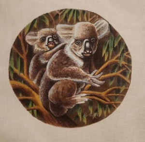 Signed Famed Artist Harold Roe. LARGE Handpainted Needlework Canvas. Koala Bears - Picture 1 of 8