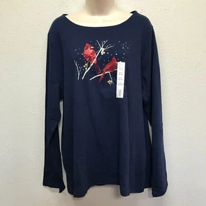 Croft & Barrow Holiday Shirt Womens XXL Navy Blue Cardinal Classic Tee Long Slv - Picture 1 of 7