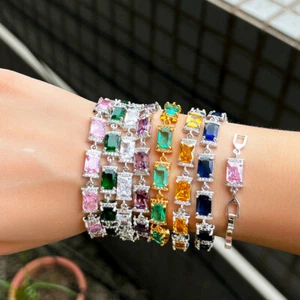 Charming Bracciale Baguette Sposa Verde Zircone Cubico Placcato Oro Giallo Charm - Foto 1 di 22