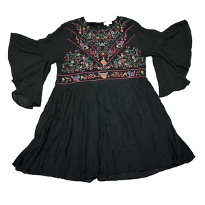 Umgee Boho Bliss Dress Size M Embroidered Bell Sleeve Keyhole Back Black - Picture 1 of 7