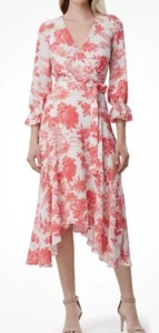 Tahari Arthur S. Levine Red & White Floral Wrap Dress Size 6 Long Sleeve. - Picture 1 of 16