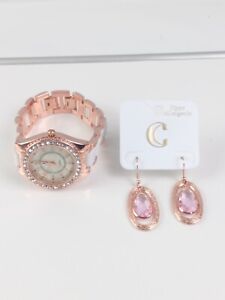 Rose Gold fashion Earrings/Watch With Rhinestone Roman Numerals Working
