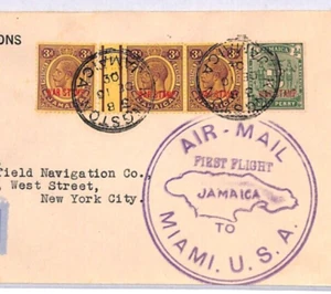 JAMAICA WAR TAX Cover Air Mail FIRST FLIGHT USA NY Kingston CDS Error? 1930 YX77 - Picture 1 of 9