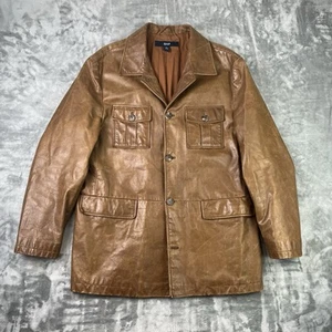 Gap Leather Jacket Mens Medium Brown Button Vintage 90s Y2K Overcoat Mob Mafia - Picture 1 of 7