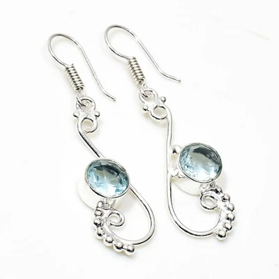 925 Sterling Silver Blue Aquamarine Gemstone Handmade Jewelry Earring Size-1.8" - Image 1 of 4