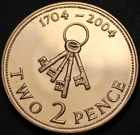 Gibraltar 2 Pence, 2004 Gem Unc~300th Anniversary~4 Old Skeleton Keys~Free Ship Cover