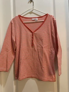 Camisa Top Chico’s Henley Acanalada Talla 2 Rayas Naranja y Blanco. "Longitud 25""" - Imagen 1 de 6