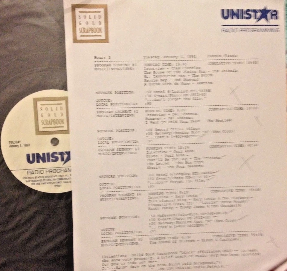 RADIO SHOW:  1/1/91 FAMOUS FIRSTS! ANIMALS,BYRDS, AMERICA, ROD STEWART,4 SEASONS - Image 1 of 1