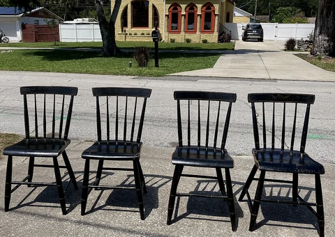 19th C ANTIQUE COUNTRY PRIMITIVE SET  4 BLACK CRACKLE FANCY PAINT WINDSOR CHAIRS Cover