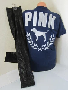 BLING Victoria Secret Pink GLITTER DOG LOGO TEE T SHIRT SNAKE LEGGING PANT L SET - Picture 1 of 10