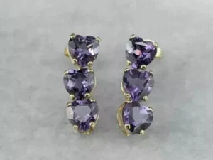 3Ct Heart Cut Lab Created Amethyst Drop Dangle Earrings 14K Yellow Gold Plated - Picture 1 of 5