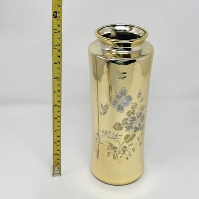 Japanese Mercury Glass Hummingbird & Flowers Etched Vase Large Mid 50's - Image 1 of 4