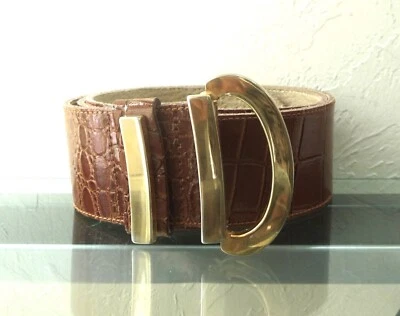 GORGEOUS CHRISTIAN DIOR BUCKLE BROWN LEATHER CROC EMBOSSED PATENT LEATHER BELT - Image 1 of 4
