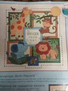 Savannah Birth Record Zoo Nursery Counted Cross Stitch PATTERN KIT 12"X12" NIP - Picture 1 of 3