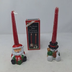 Vintage Christmas Santa Snowman Candle Holder Porcelain 2 Red 6 Inch Tapers - Picture 1 of 13