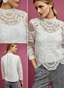Anthropologie James Coviello Medallion Lace Front Mock Neck Ivory Blouse XS - Picture 1 of 4