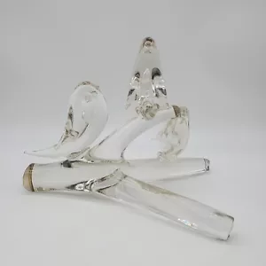 Vintage Art Clear Glass Sculpture Three Birds Chicadees on Branch 9" x 10" - Picture 1 of 9