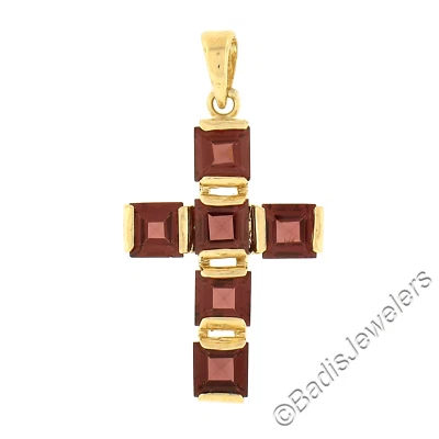 Conjunto de colgante de cruz de canal de granate rodolita corte escalón cuadrado de oro amarillo de 14k Foto 1 de 4