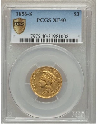 1856-S  $3 Dollar Gold Piece, PCGS XF40 RARE GOLD COIN - Image 1 of 2