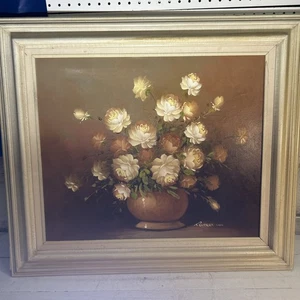 Pintura al óleo original firmada vintage de Robert Cox. Flores florales. Blanco/Marrón - Imagen 1 de 8