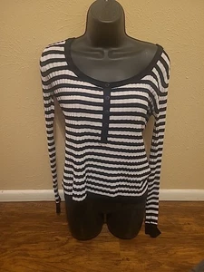 Derek Heart Womens Shirt LG Black White Striped Long Sleeve Stretch Top Casual - Picture 1 of 7