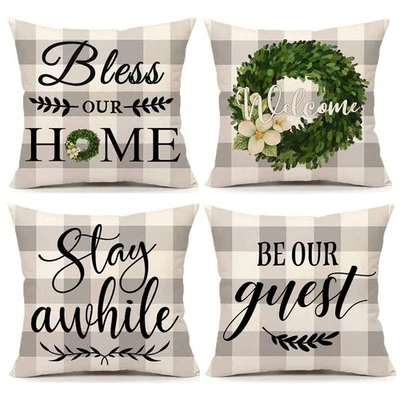Farmhouse Pillow Covers Buffalo Plaid Be Our Guest Pillow Cover Stay Awhile T... - Image 1 of 4