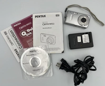 PENTAX OPTIO M50 8.0MP Camera With 2 Batteries Charger Box Paper CD For PARTS - Image 1 of 4