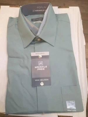 Van Heusen Poplin Reg Fit Wrinkle Free Men's Dress Shirt Sz 15 32/33 Ocean Mist - Image 1 of 4