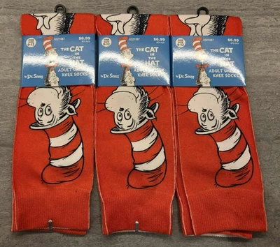 3x Calcetines Dr. Seuss Cat In The Hat Adulto Media Pantorrilla Crew - Rojos - Nuevos con Etiquetas Foto 1 de 3