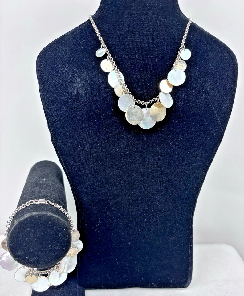 Collar y pulsera de plata de ley 925 colgante círculo disco redondo madreperla Foto 1 de 4