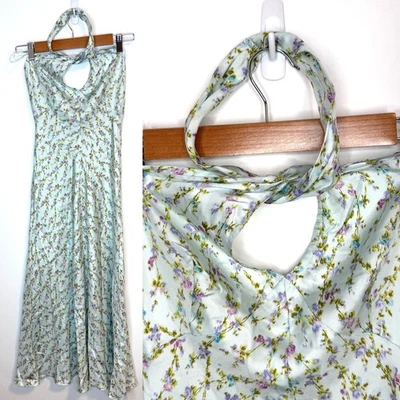 Rebecca Taylor Floral Silk Halter Midi Dress In Light Blue Size 8 - Image 1 of 4