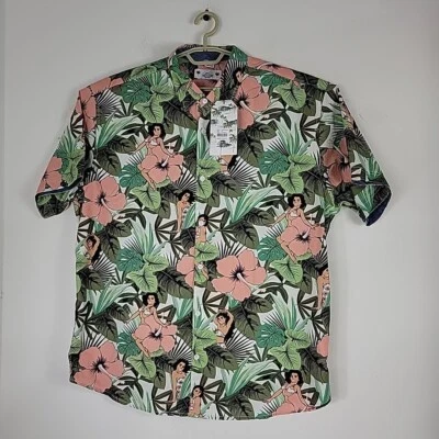 New Free Planet Mens Hawaiian Hula Girl Button Up Short Sleeve Shirt 2XL - Image 1 of 4