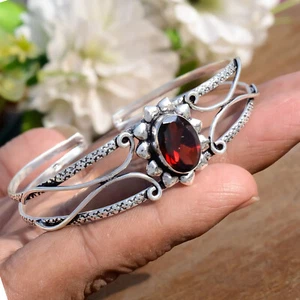 Faceted Garnet Gemstone Cuff 925 Sterling Silver Bracelet Gift For Love Partner - Picture 1 of 8