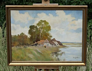 Bruno Jüttner - Granjas a orillas del río - óleo sobre lienzo - firmado - marco - Imagen 1 de 7
