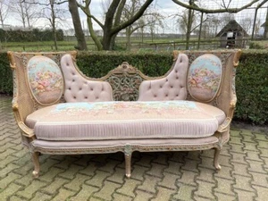 Sofa Couch Lounge Louis XVI French Vintage Trianon Green Pink Velvet Handcrafted - Picture 1 of 13