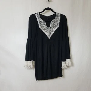 Bellamie blusa nera stile boho frange all'uncinetto TG M - Foto 1 di 4