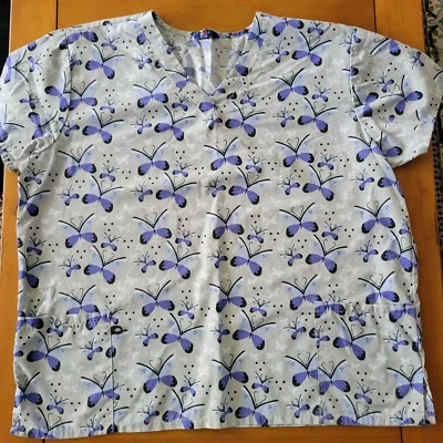 Scrub Top Shirt Womens Short Sleeve Zikit 2X Butterfly Blue Cotton Blend Pockets - Image 1 of 4
