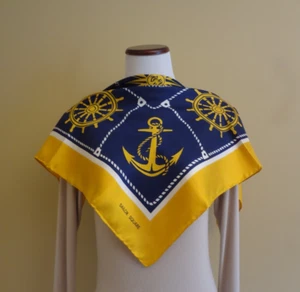 Sciarpa quadrata seta giallo navy stampa nautica marinaio vintage quadrata - Foto 1 di 8