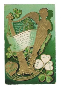 Tarjeta postal del día de San Patricio c1913 arpa dorada, tréboles en relieve - Imagen 1 de 2