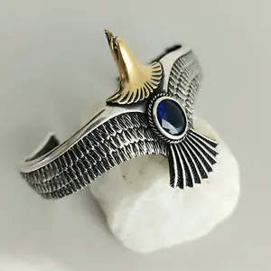 925 Sterling Silver Handmade Adjustable Cuff Eagle Men Bracelet with Blue Stone - Picture 1 of 7