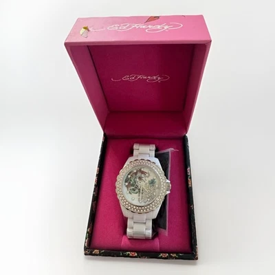 NEW Vintage Ed Hardy Women's Watch NIB NWT White With Rhinestones Koi Fish Y2K - Image 1 of 4