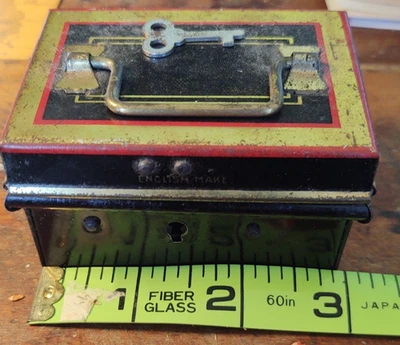Antique Unusually Small , Miniature Tin Lock Box Safe box w/ Key - Image 1 of 4