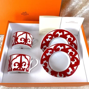Hermes Tea Cup Saucer Balcon du Guadalquivir Porcelain Tableware two Sets w/Case - Picture 1 of 19
