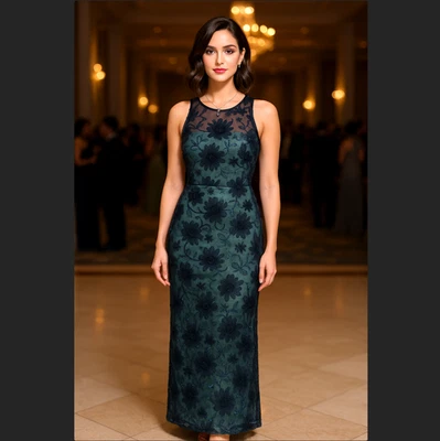 JS Collections Column Dress Gown 4 Blue Floral Sequin Tulle Lace Formal Party - Image 1 of 4