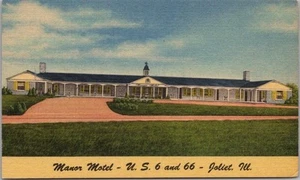 C1940s JOLIET, Illinois Postal MANOR MOTEL Carretera / RUTA 66 Lino *RECORTADO - Imagen 1 de 2
