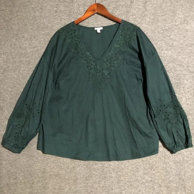 Blusa Spense Mujer XL Verde Bordado Ojales Cuello en V Manga Larga Boho Top Foto 1 de 4