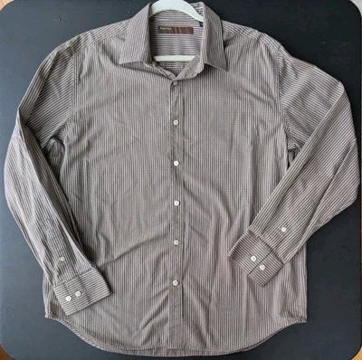 Perry Ellis Men's Striped Long Sleeve Button-Down Shirt Brown, Size Large - Image 1 of 2