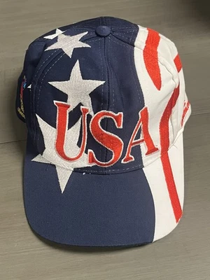 USA 96 Olympics Hat Cap SnapBack Logo Athletic All Over Flag Print Atlanta Used - Image 1 of 4