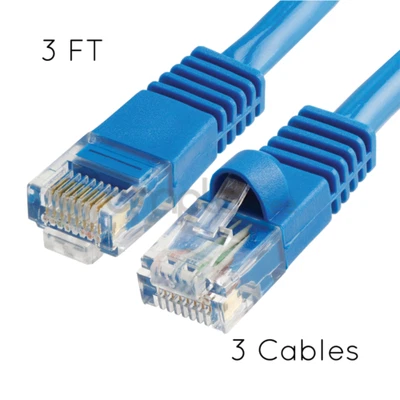 3 pack CAT5e 3FT Cable Ethernet Lan Network CAT5 RJ45 Patch Cord Internet Blue - Image 1 of 4